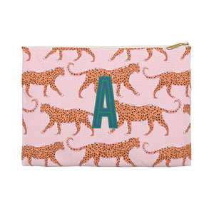 Leopard Vibrant Pink Small Flat Zip Pouch - Single Initial