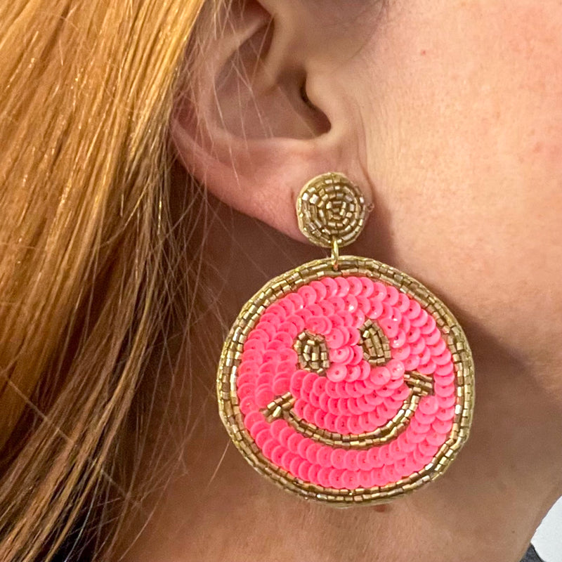 Smiley Face Pink Beaded Earrings
