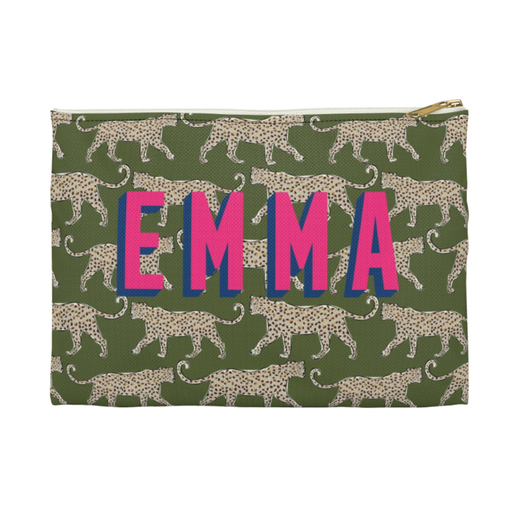 Leopard Green Large Flat Zip Pouch