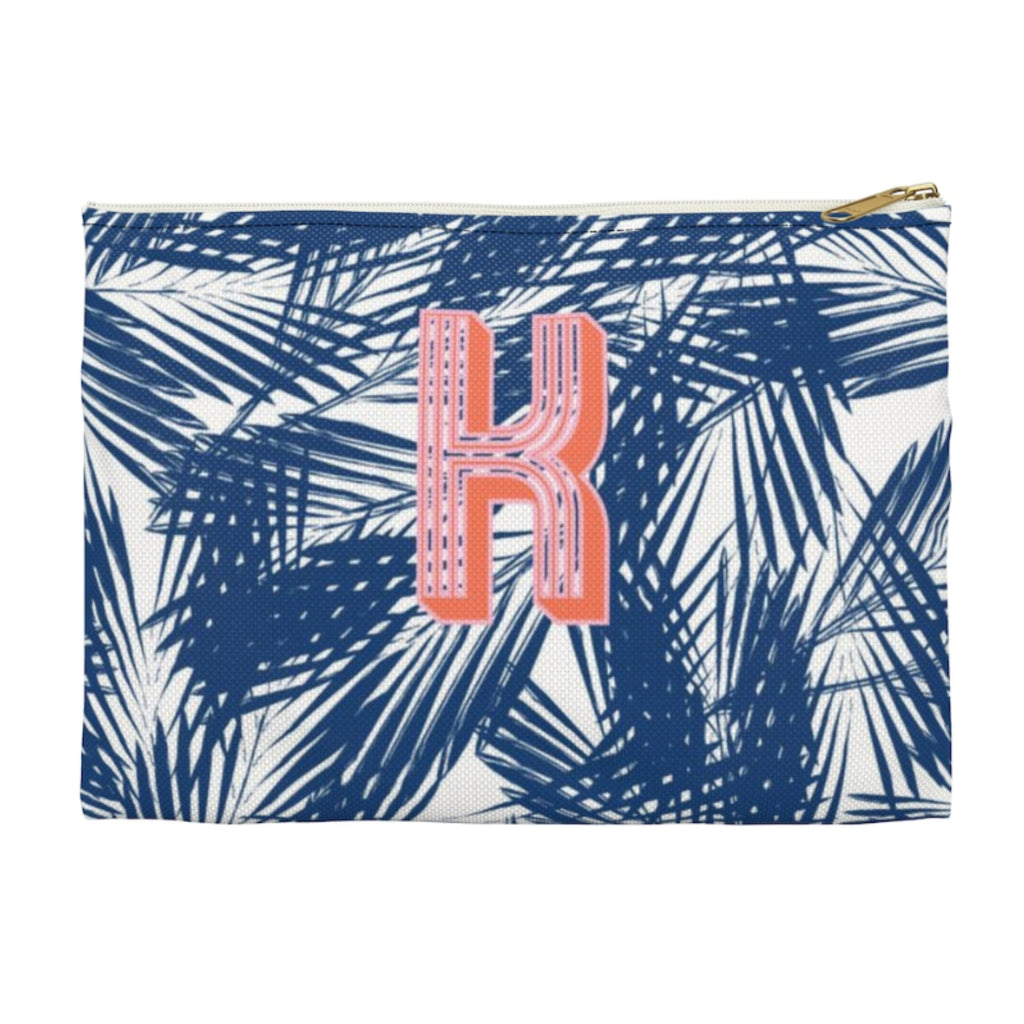 Palm Leaves Navy Large Flat Zip Pouch