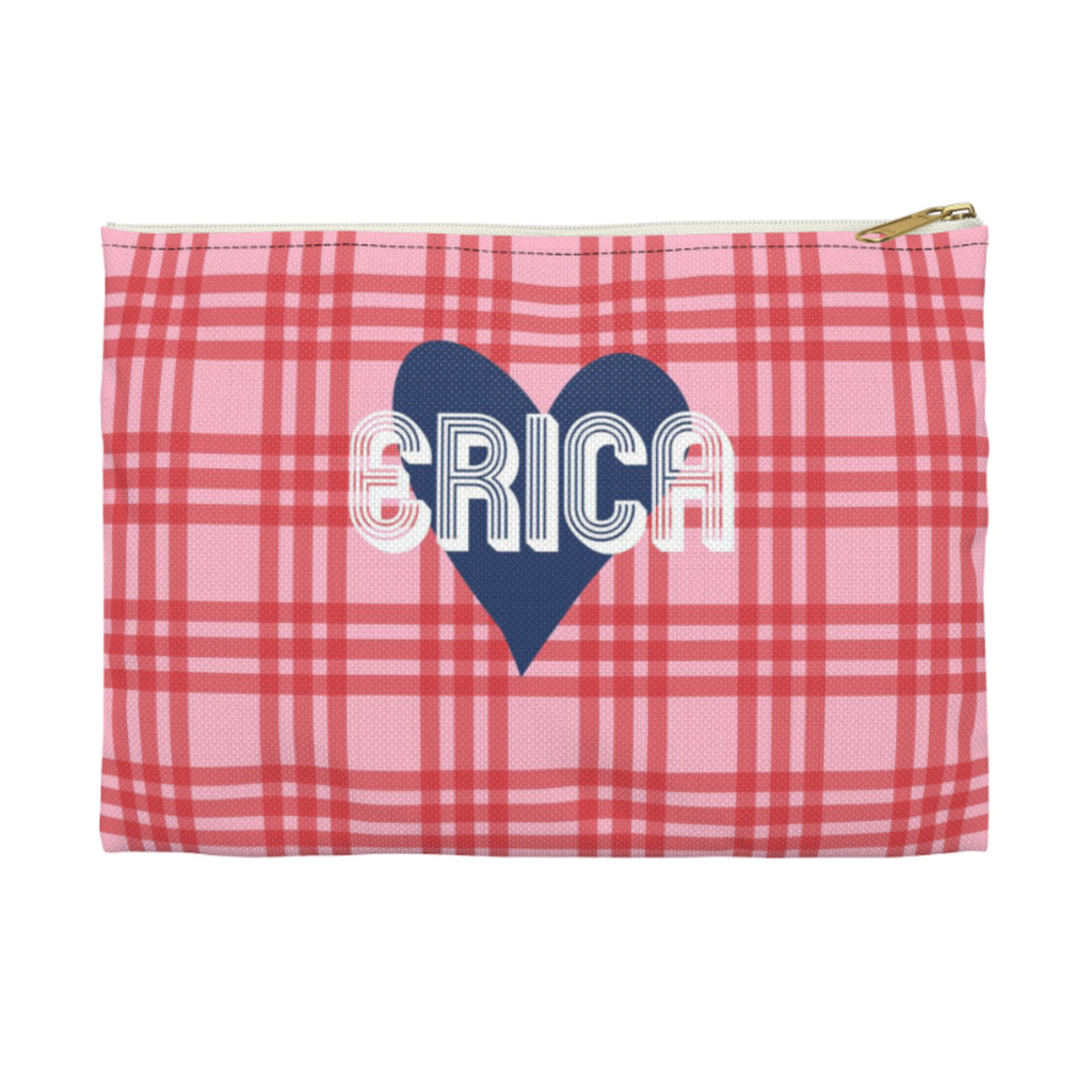 Plaid & Heart Large Flat Zip Pouch