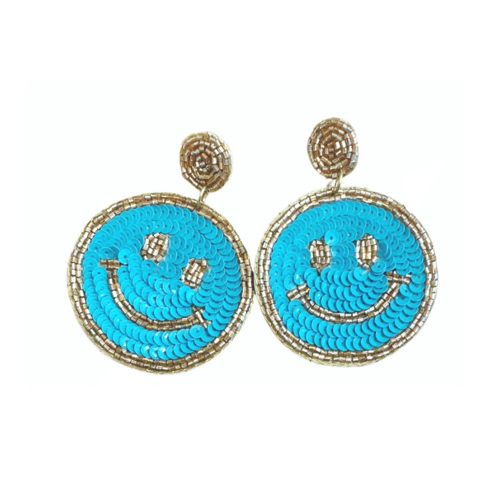 Smiley Face Blue Beaded Earrings