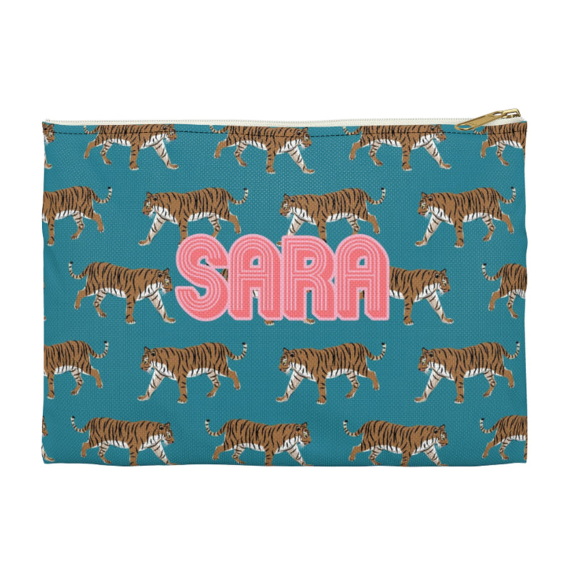 Tiger Blue Large Flat Zip Pouch