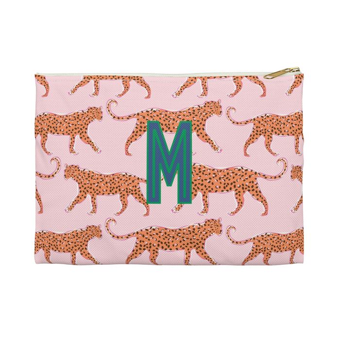 Leopard Vibrant Pink Small Flat Zip Pouch - Single Initial