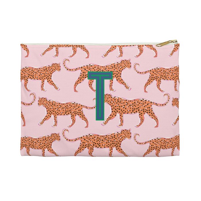 Leopard Vibrant Pink Small Flat Zip Pouch - Single Initial