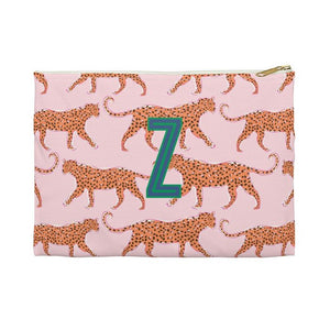 Leopard Vibrant Pink Small Flat Zip Pouch - Single Initial